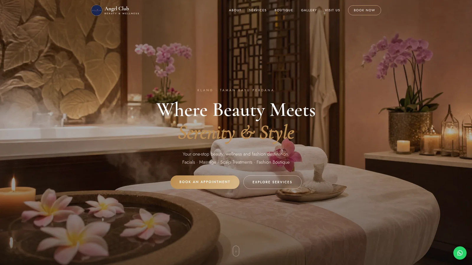 Angel Club Beauty and Wellness website, spa hero section