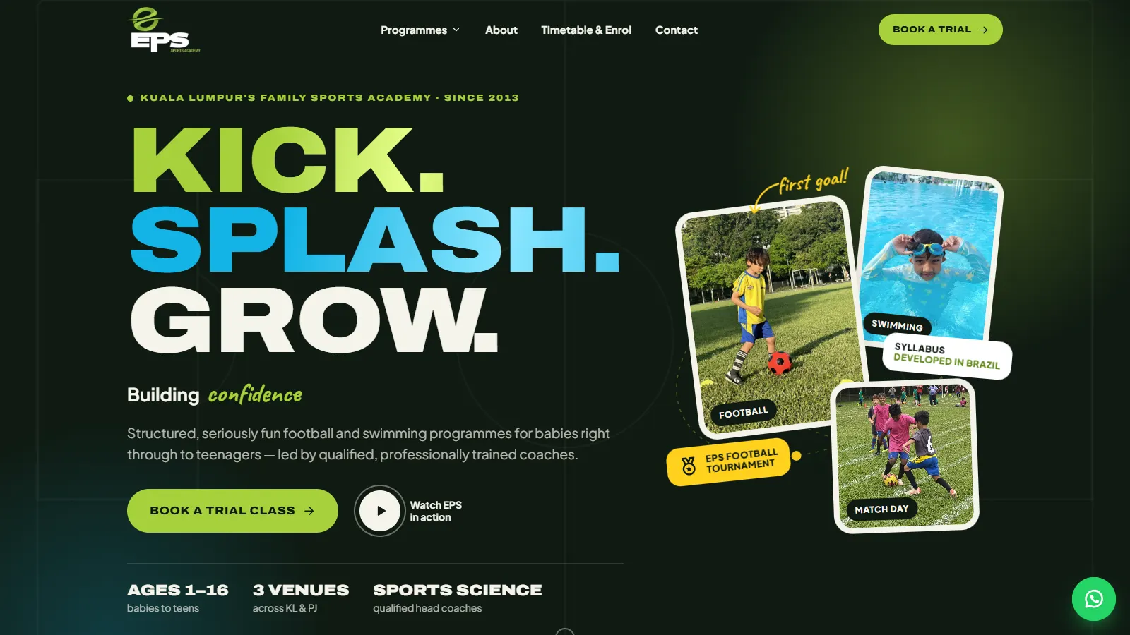 EPS Sports Academy website, hero with kids playing football and swimming