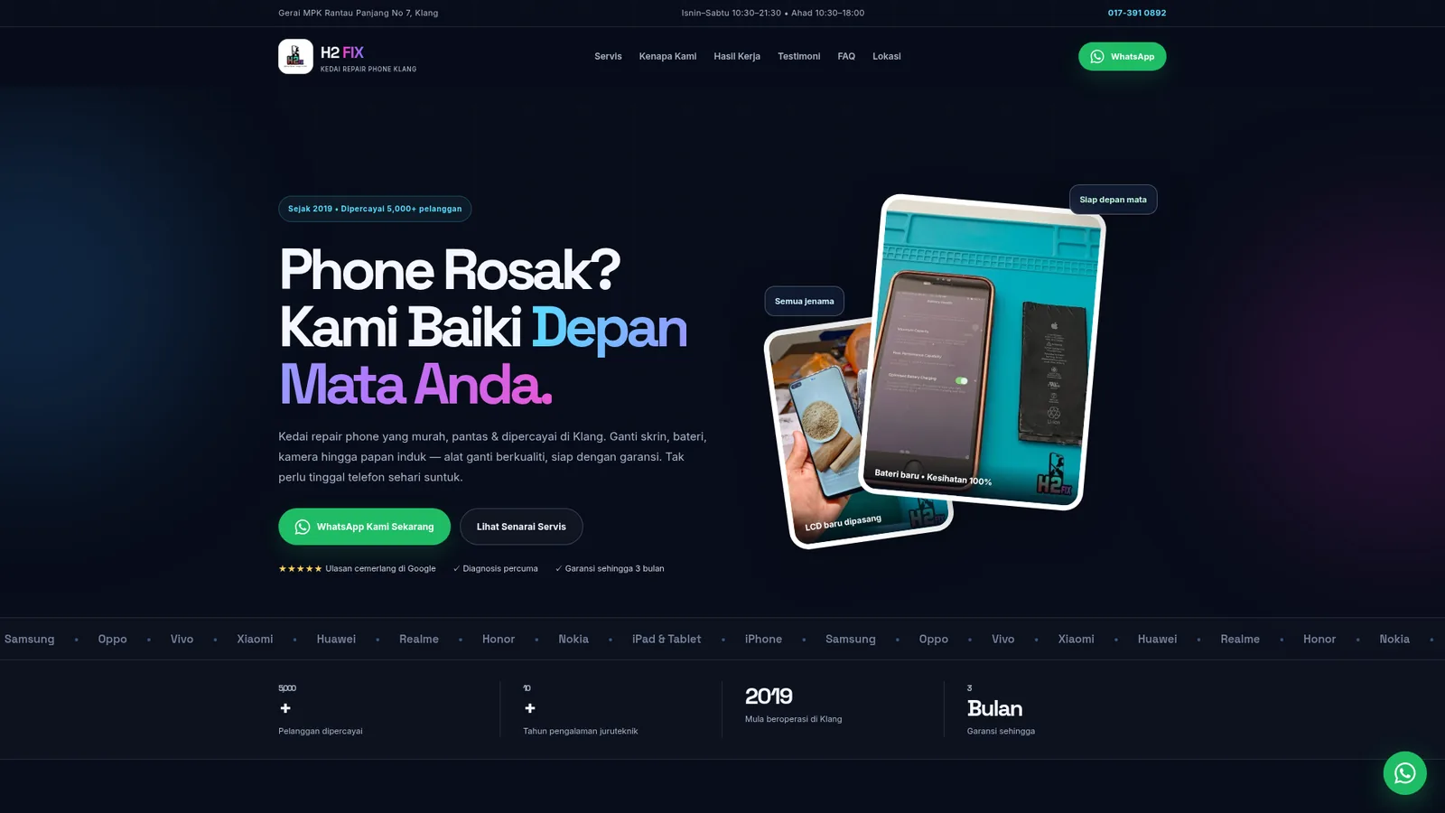 H2 Fix website, dark tech hero with phones