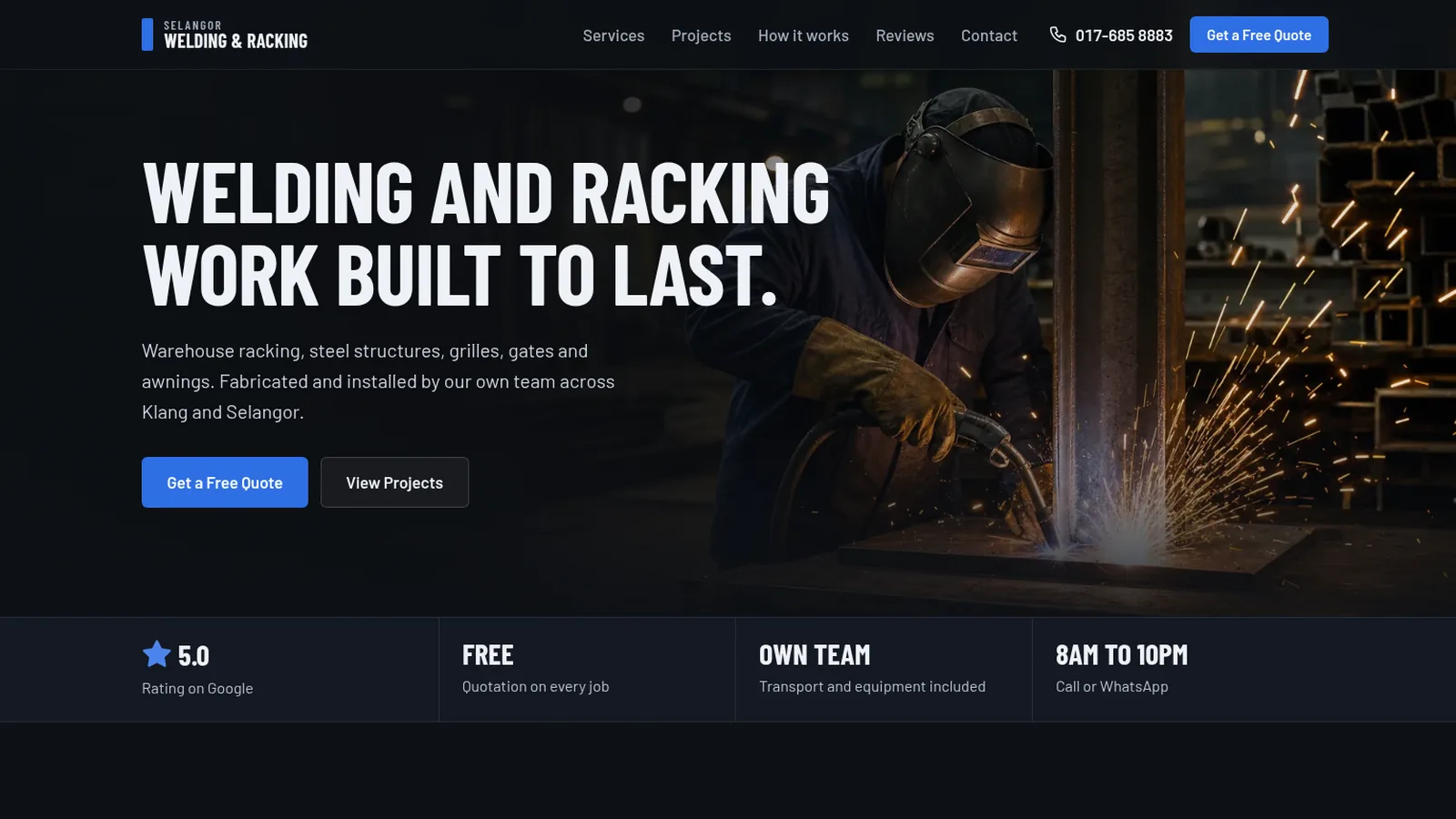 Selangor Welding and Racking website, industrial hero with welder